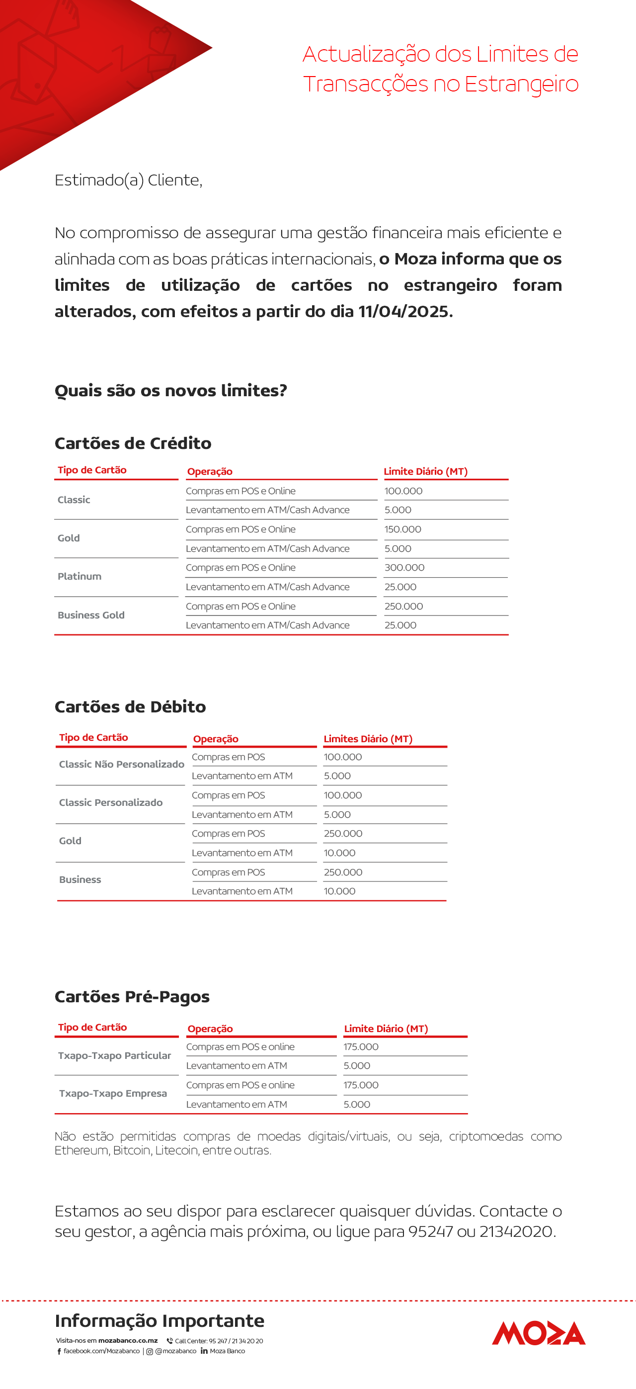Novos Limites transaccionais no estrangeiro